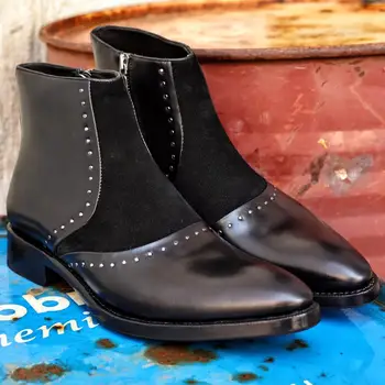 Sipriks costurado a Mão Goodyear Zipper Boots de Moda masculina Confortável Curto Botas de Sola de Couro de Bezerro Sapatos de Camurça Cavalheiro 45