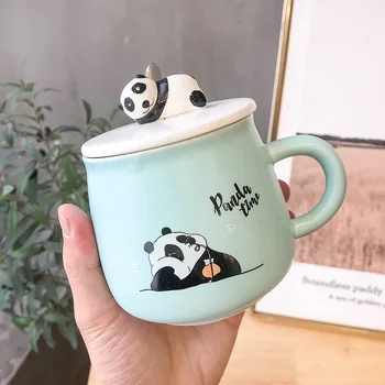 400ml Panda Bonito Caneca de Café 3D Criativo Panda Canecas de Cerâmica com Tampa Colher de Leite de pequeno-Almoço Copo com Alça Senhoras Office Copa