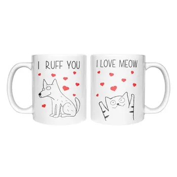 Eu Amo Canecas de Café Correspondência Conjunto de pares - dia dos Namorados-Presente para Cão/Gato Amantes Caneca Branca de 11 Onças. / Caneca Branca De 11 Onças.