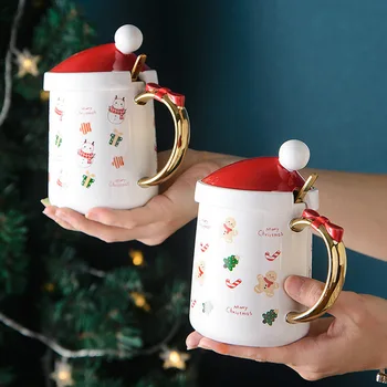 400ml de Papai Noel Elk Cerâmica Caneca de Café Com Tampa Colher de pequeno-Almoço início de Leite Copo de Beber Criativo de Férias para Crianças de Presente