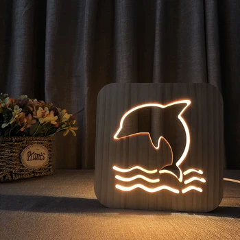 Cartoon de madeira do DIODO emissor de golfinho Lâmpada de design 3D, Ilusão de Luminaria luz noturna lâmpada USB criativas de presentes de aniversário em casa-de-Cabeceira decoração