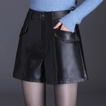 Outono PU Shorts de Couro feminina Casual Cintura Alta Emagrecimento Cortada Calças coreano Roupas Soltas Reta Shorts Tamanho Grande