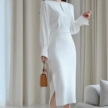 Senhora elegante casual manga comprida senhora do escritório pista designer de moda de alta vestido novo