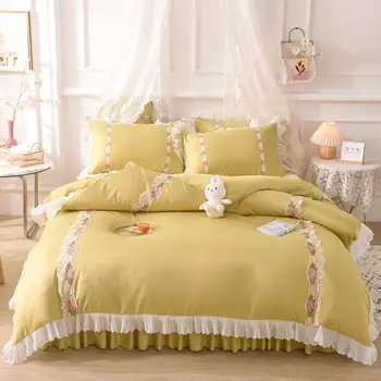 4Pcs estilo Princesa Lavado seda Lotus laço conjuntos de cama queen king size capa de edredão conjunto de cama de saia definir fronha roupa de cama.