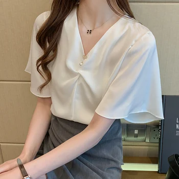 Elegante Senhora do Escritório Blusa Branca Primavera Verão V-pescoço Beading Queimado Camisas de Manga Mulheres a Moda de Blusas de Chiffon