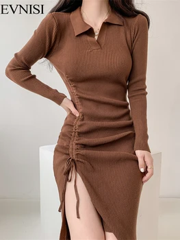 EVNISI Sexy Fino Suéter de Tricô Polo Noite Maxi Vestido Para as Mulheres Desenhar a Cadeia de caracteres Bodycon Vestido Mini Streetwear Vestidos
