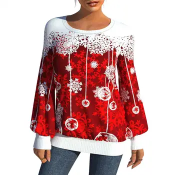 2022 Outono Inverno das Mulheres T-shirt de Natal Boneco de neve Y2K Impressão de mangas compridas Costura Solto e Casual Pulôver de Gola Redonda Camisa Topo