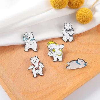 Animais de Fotografia Esmalte Pins Personalizados Urso Branco fotografar Broches de Lapela da Camisa Saco Emblema do Cartoon Jóia de Presente para os Amigos
