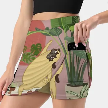 Pug Yoga Com Plantas de Mulheres de saia Mini Saias Uma Saia de Linha Com Ocultar Bolso Pug Yoga Plantas Verdes