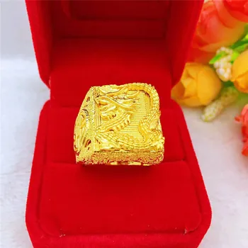 Luxo de Ouro um Anel de Cor para os Homens de Casamento Noivado Aniversário Anel Delicado Padrão Dragão Amarelo-Ouro, Jóias Birhtday Presentes