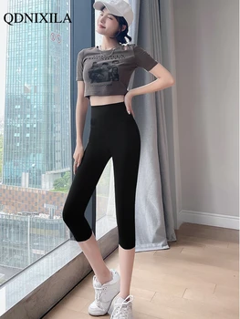 2022 Moda da Primavera Verão Casual Mulheres Leggings Fina Novo Micro-bomba de Cintura Alta Cortada Cor Sólida Preta Calças Slim Yoga coreano