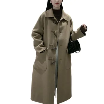 Dupla face de lã casaco de mulheres de comprimento médio inverno chifre fivela de lã pequeno casaco de lã mulheres com casacos inverno feminino casaco de inverno
