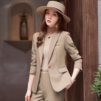O coreano Formal Senhoras Caqui Laranja Mulheres Ternos de Negócio com Conjuntos de roupas de Trabalho do Office Uniforme de 2 peças de Grande Tamanho Calças Casaco Conjunto