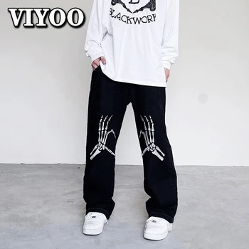 Esqueleto Bordado Impresso Gótico Tendência de Vestuário de Moda Hip Hop Y2K Streetwear Preto Baggy Jeans Reta Calças de Ganga Homem