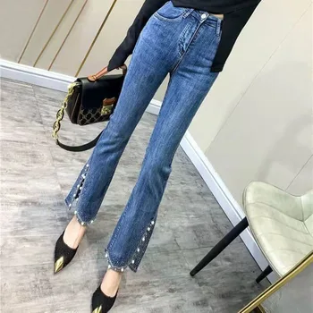 Moda Frisado Quente Perfuração de Divisão Jeans Flare Mulheres Nova coleção Primavera / Verão Cintura Alta Trecho Magro Calças Jeans Calças de Senhoras S-3XL