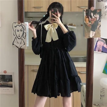 2022 feminina Manga Longa Mini Vestido para a Garota Verão Vintage Arco Preto Vestido Fairycore Uma linha de Festa de Aniversário Kawaii Vestido Bonito