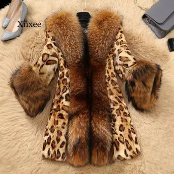 Inverno de Peles de Mulheres estampa de Leopardo Casaco de Moda Guaxinim Cachorro de Pêlo Quente Mulheres de Luxo, as Mulheres Casacos Soltos Manga Longa Elegante Casaco
