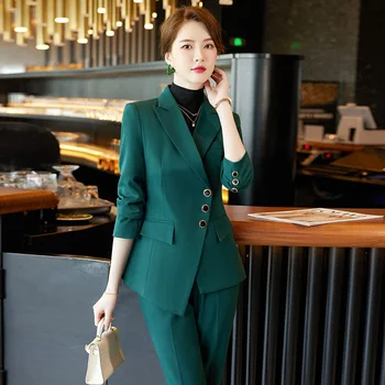 2022 Outono Inverno Formal Senhoras Verde Blazer Mulheres Ternos de Negócio com Conjuntos de roupas de Trabalho do Office Uniforme 5XL Tamanho de Calças Casaco