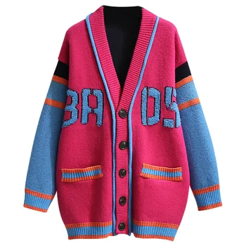 Outono, Inverno Cor-Bloco V Neck Sweater Cardigan da Mulher coreano Solta a Roupa Vintage, de Malha, Casaco Feminino