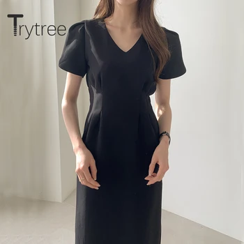 Trytree Verão as Mulheres Casual, Vestido com decote em V Solid 2 Cor Cintura Alta Moda de Uma linha de Temperamento Elegante Meados de Bezerro Vestido de Dama de Escritório