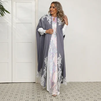 Nova moda Muçulmana chiffon elegante cor sólida manga morcego applique cor correspondente solto e casual solta mulheres de primavera do casaco