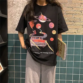 KCHY Harajuku T-Shirt das Mulheres 2022 Verão Nova Moda Solta em torno do Pescoço Planeta Impressão de Manga Curta Topo