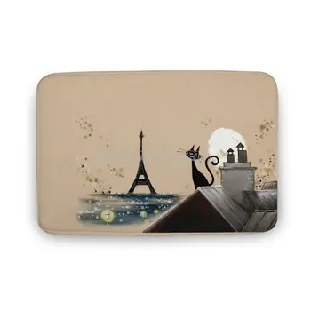 No Telhado de Paris, Tapete Playmat Sala de estar Tapete Tapete Capacho Gato Romance de Teto Preto Torre Eiffel Noite de Lua Luzes Cit
