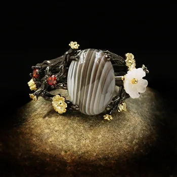 Moda e Elegante de Senhoras Flor Conjunto de Anel com pedra preciosa Natural de Noiva Engajamento Coquetel de Jóias