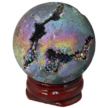 Arco-íris de Titânio Revestido de Druzy Geode Esfera Bola de Cristal de Quartzo Ágata Bola,Cura Escultura Estatueta para o Dia de Páscoa