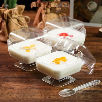 50pcs Criativo cálice transparente praça descartável sobremesa, copos de plástico 110ml pudim de sorvete de geléia de bolo de iogurte caixa com tampa