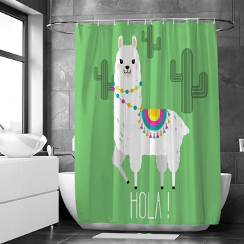 Bonito Alpaca Cortina de Chuveiro para a Decoração do Banheiro Impermeável Cartoon Tecido de Poliéster Banheira Criativo Cortina Com 12 Ganchos