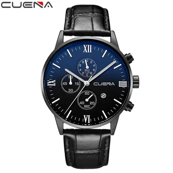 Novo CUENA Relógio masculino Exército de Esportes Relógios de Quartzo Pulseira de Couro Impermeável relógio de Pulso de Homem Relogios Relógio Preto E Azul Assista