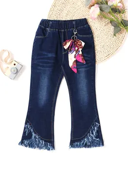 Crianças Meninas Elegantes Calças Jeans Roupas de Elástico na Cintura Bowknot Decoração de Borla Bainha de boca-de-Sino Estilo de Jeans, Calças compridas