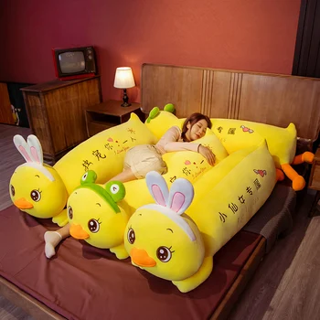 Recheado de Baixo de Algodão Deitado Pato Vestido Bonito em Cima de Pato Amarelo Brinquedos de Pelúcia Para Crianças Macio Travesseiro Almofada Bom Presente de Natal 100cm