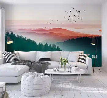 Baçal personalizados em 3D papel de parede mural Nórdicos vento névoa de pinheiros pôr do sol da cidade de Quarto de fundo de parede decoração da casa 5d papel de parede