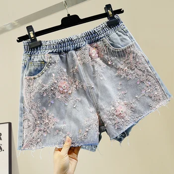 Mulheres de Verão Denim Shorts de Paetês Borla Cadeia tridimensional Flor de Diamante Conjunto de Malha com Costura de Moda feminina Hot Pants