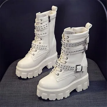 90k Novo 2021 Grosso Calcanhar Ankle Boots Laço Grossas Botas de Mulheres de Salto Alto Outono Inverno Mulher Sapatas Quentes, Sapatos de Plataforma