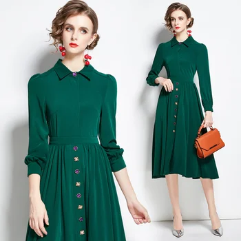 ZUOMAN Mulheres de Outono e Inverno Elegante Vestido de fato de Alta Qualidade a Longo Vintage Office Senhora Manto de Femme Designer de Vestidos Verde