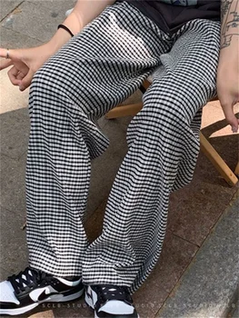 QWEEK coreano Moda Calças Axadrezadas Mulheres Oversize Harajuku Básica de Perna Larga Verificado Calças Femininas Cintura Elástica Corredores Cavallari