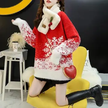 Natal Vermelho de Malha Vintage Meia Gola das Mulheres Camisola de Manga Longa Festival de Arte Soltas Impressas Inverno coreano Estilo Pulôver