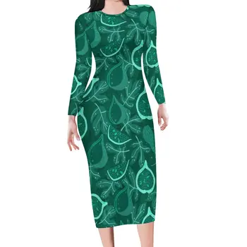 Fig Fruto de Impressão Bodycon Vestido das Mulheres Verde Botânico Bonitos Vestidos Outono de Manga Longa Rua de Design de Moda de Vestido de Grande Tamanho 4XL 5XL