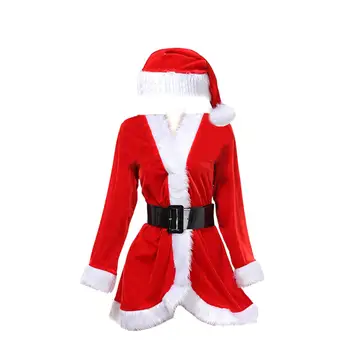 Mulheres Papai Noel Traje Conjunto de Fantasia Vestido com Cinto, Tamanho Terno e Santa Cap 3Pcs Vermelho para Senhoras Meninas Adolescentes Xmas Party