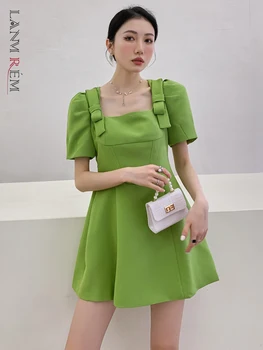 LANMREM Vestido Verde Para as Mulheres da Praça de Gola Mangas Curtas Mini Vestidos da Moda Feminina Roupas 2023 Verão Novo 2R1905