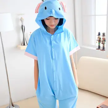 Verão Azul Adulto Elefante Kigurumi Cosplay Traje Animal De Algodão Feminino Roupa Macacão Anime Homens Mulheres Onesie Capuz Pijama