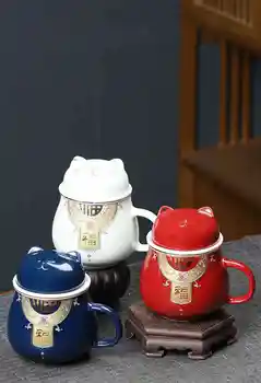 xícara de chá de caneca de cerâmica, filtro de estilo Chinês caneca Plutus gato da sorte de presente de aniversário