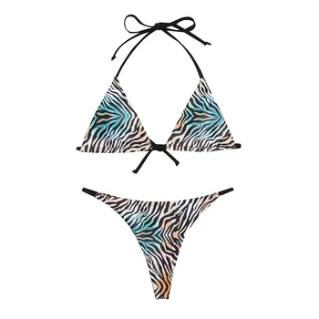 Mulheres 2021 Verão Micro Bikini Swimwear Zebra stripe Sutiã Conjunto de Maiô de Banho roupa de Banho Halter lace-up Sutiã com Tangas