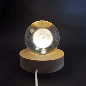 Bola de cristal Luzes da Noite de Madeira da Base de dados USB LED do Interruptor de Luz Redonda de Enfeite de Casa, Quarto Decoração de Mesa