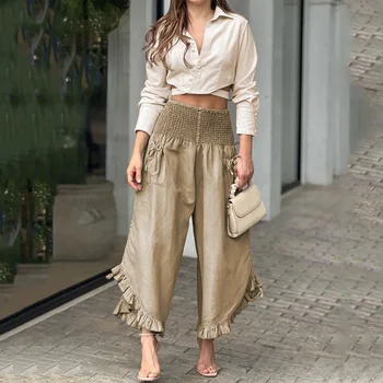 2022 moda verão nova roupa das mulheres de cor sólida com decote em V manga longa camisa de cintura alta wide-leg pants duas peças de conjunto