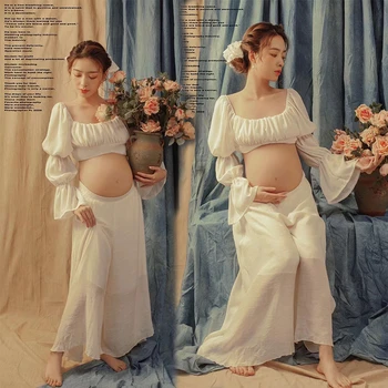 2pcs Conjunto de Maternidade Fotografia Adereços Mulheres Vestidos de Gravidez Branco Completo Top de Manga Calças Estúdio de filmagens Roupas Photoshoot