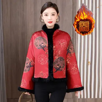Algodão Acolchoado de Ano Novo Casaco de Pelúcia Curta Jaqueta feminina de Inverno Vermelho Tang Terno da Moda Stand Colarinho Emendados Chinês Roupas T1142